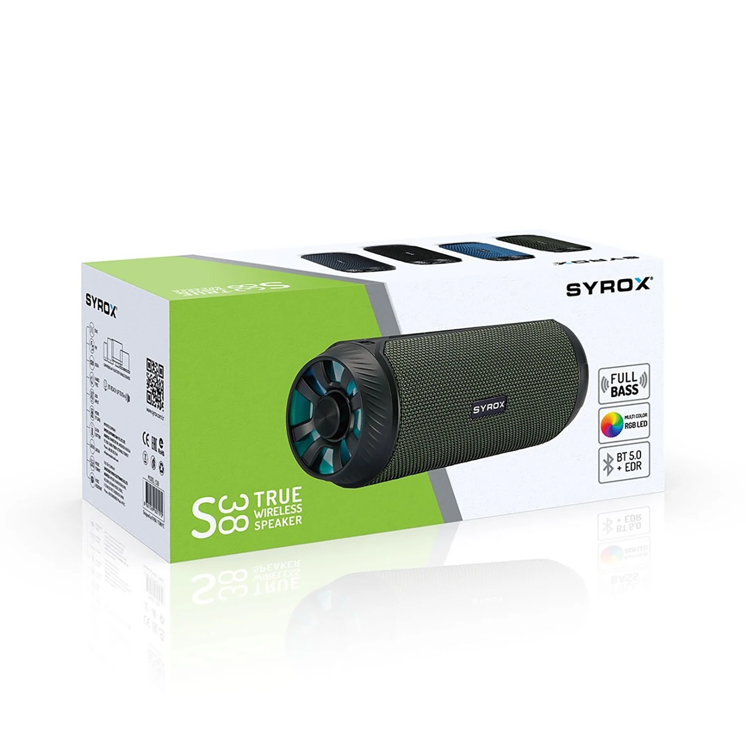 Syrox S38 RGB Ledli Hafıza Kartı + USB + 3.5mm AUX + FM + Eller Serbest 2x5W TWS Bluetooth 5.0 + EDR Kablosuz Hoparlör - Yeşil