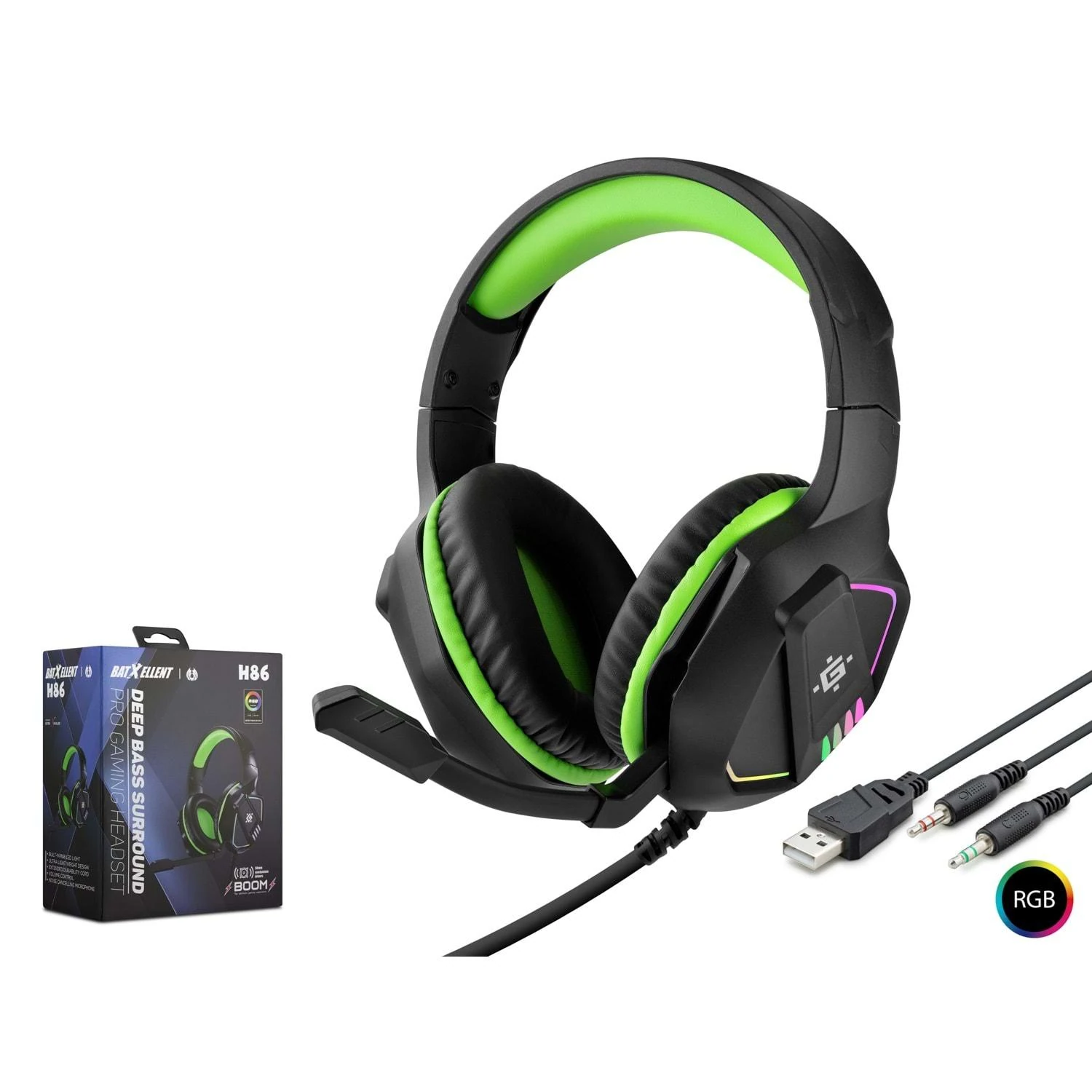 Hadron H86 RGB Ledli Mikrofonlu 2x3.5mm AUX 2mt Kablolu Kulaküstü Oyuncu Kulaklığı - Yeşil-Siyah