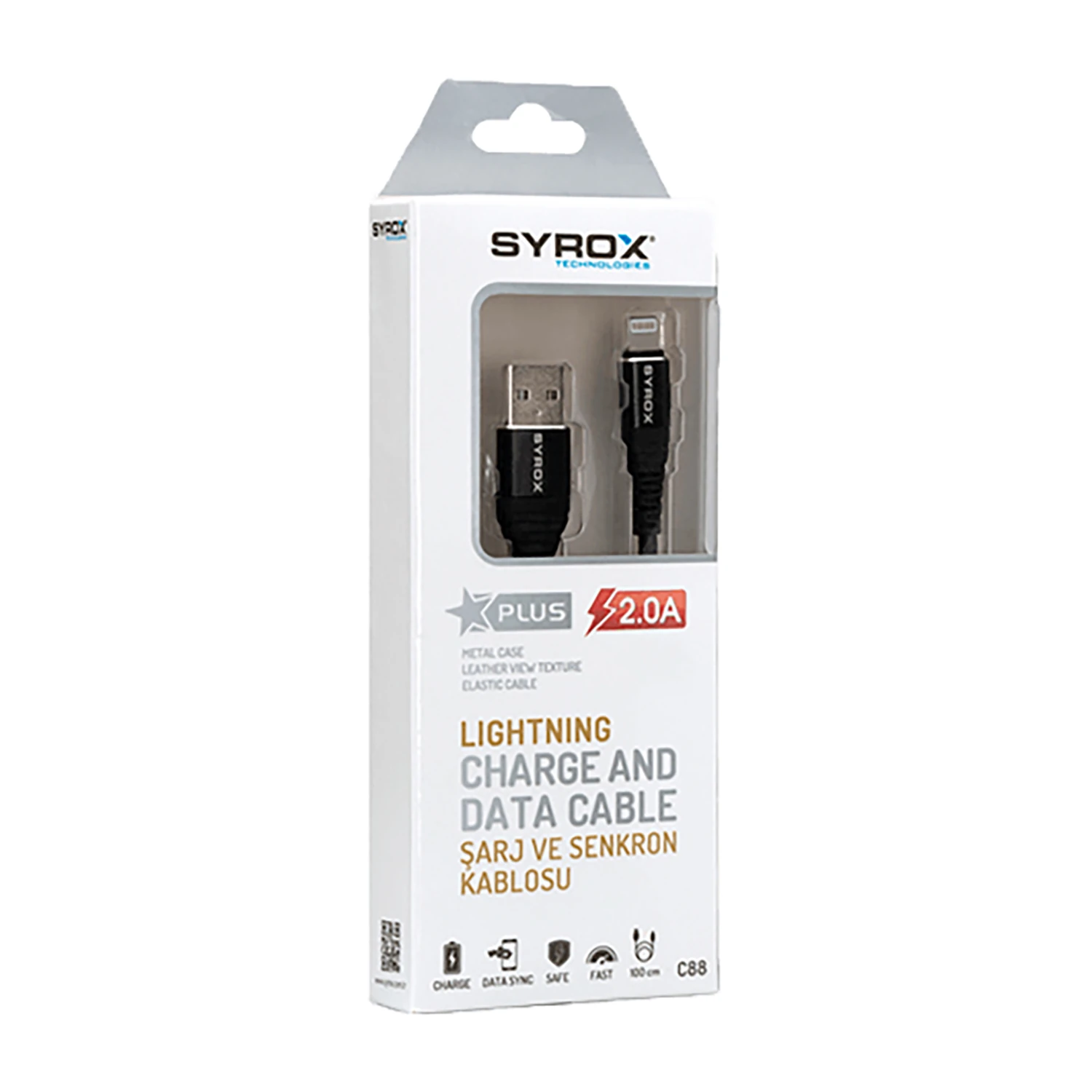 Syrox C88 2.0A 1mt Metal Başlıklı USB-A - Lightning Şarj & Data Kablosu - Kırmızı
