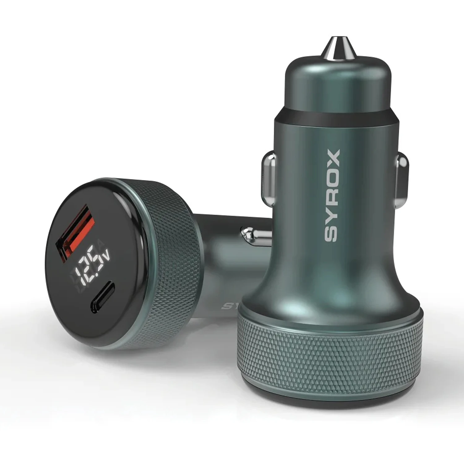 Syrox SC30T 3.1A 30W PD Q.C. 3.0 1mt Type-C - Type-C Kablolu Dijital Ekranlı 1xType-C + 1xUSB-A Port Çıkışlı Hızlı Araç Şarj Cihazı - Siyah