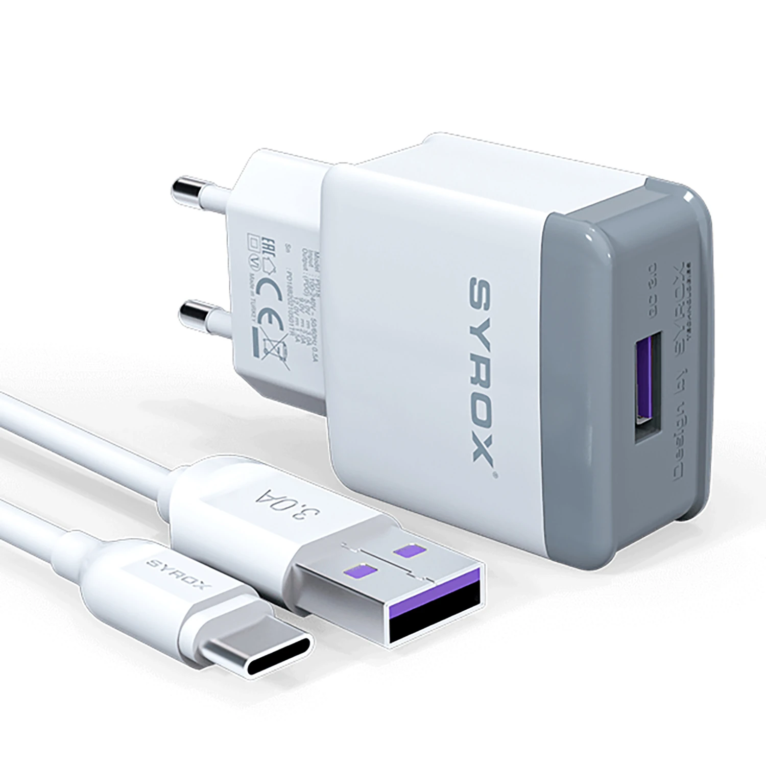 Syrox Q32 3.0A 18W 1mt USB-A - Type-C Kablolu 1xUSB-A Port Çıkışlı Şarj Cihazı - Beyaz