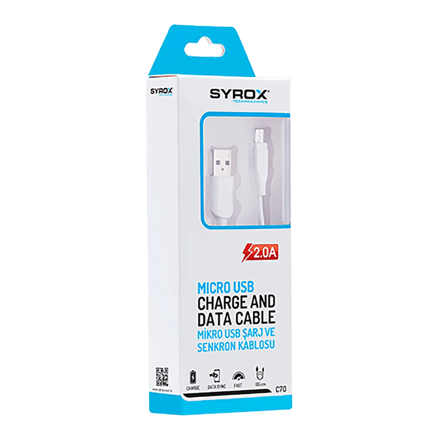 Syrox C70 2.0A 1mt USB-A - Micro USB Şarj & Data Kablosu - Beyaz