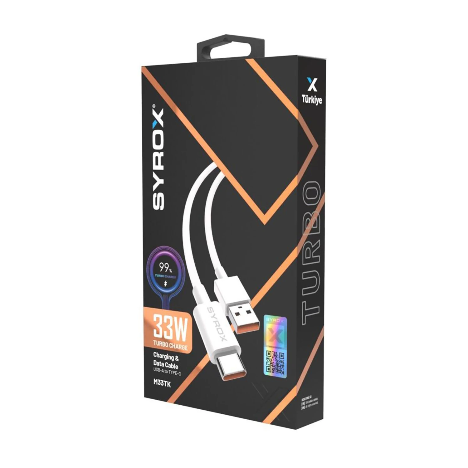 Syrox 3140 Syrox M33TK 3.0A 33W Turbo 1mt USB-A - Type-C Şarj & Data Kablosu - Beyaz