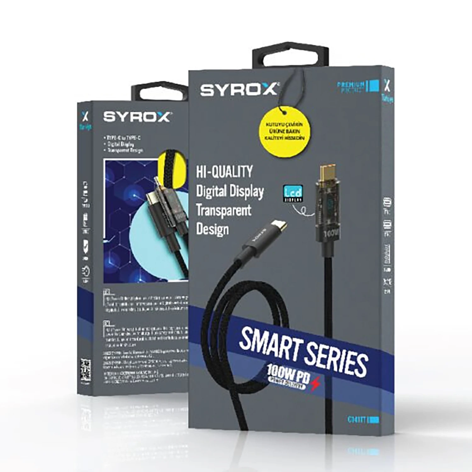 Syrox C141TT 100W PD 1.21mt Dijital Ekranlı Örgülü Type-C - Type-C Şarj & Data Kablosu - Siyah
