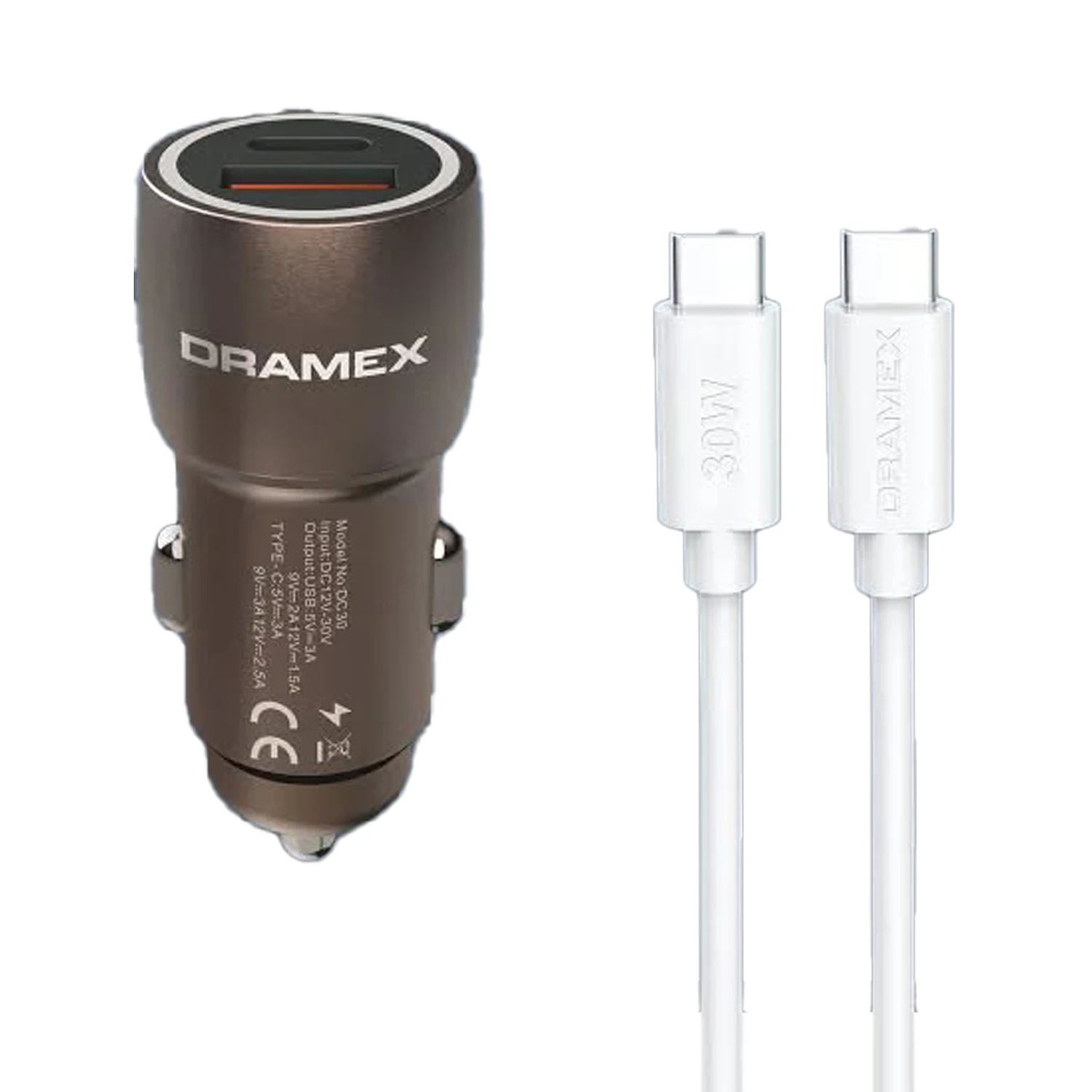Dramex DC30T 3.1A 30W PD Q.C. 3.0 1mt Type-C - Type-C Kablolu 1xType-C + 1xUSB-A Port Çıkışlı Hızlı Araç Şarj Cihazı - Kahverengi