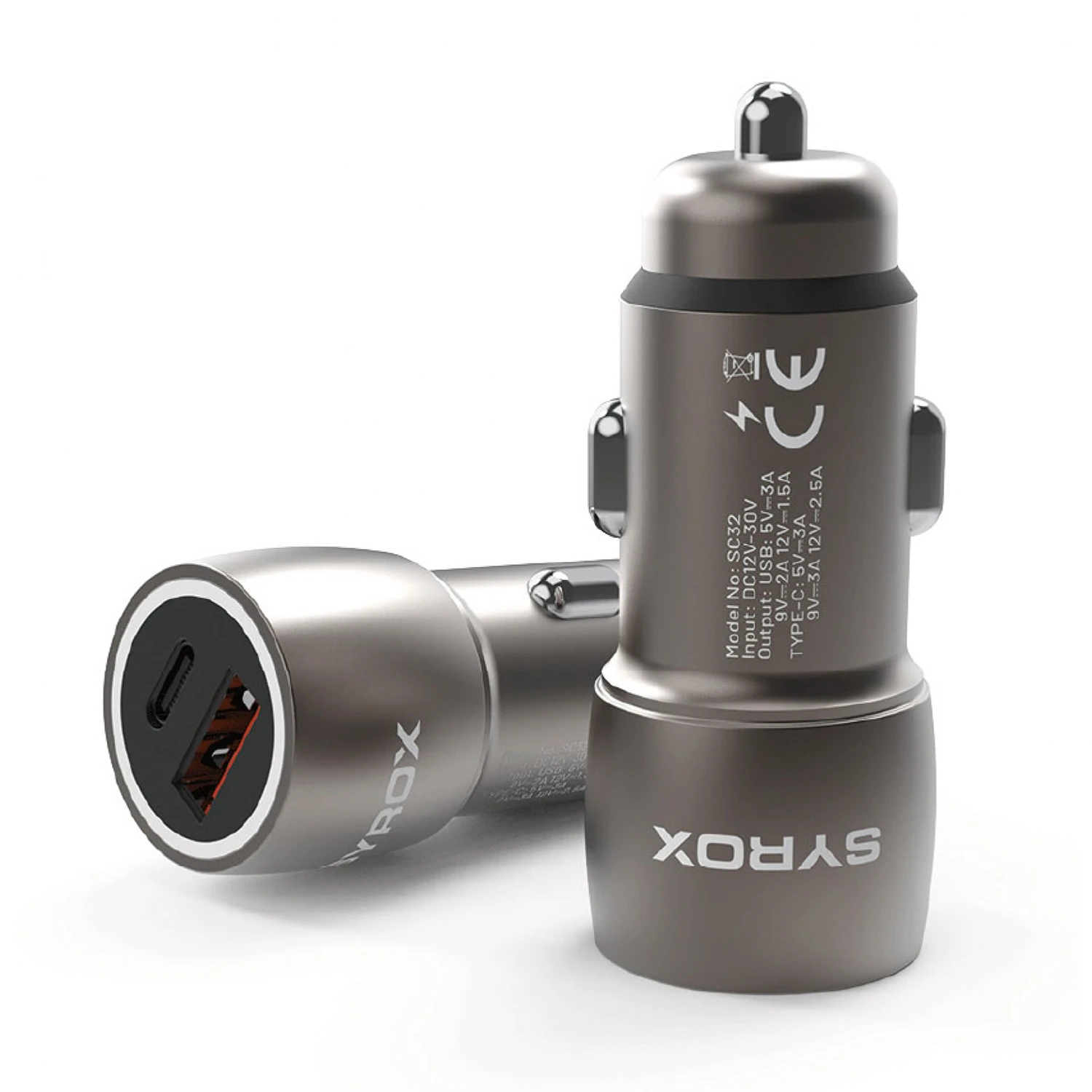 Syrox SC32B 3.1A 30W PD Q.C. 3.0 1xType-C + 1xUSB-A Çıkışlı Hızlı Araç Şarj Cihazı - Füme