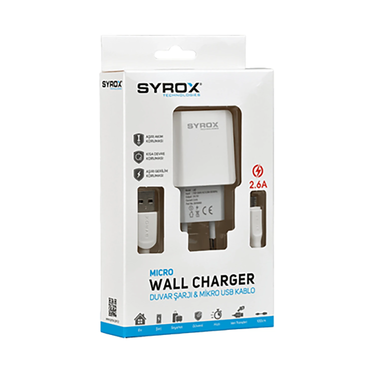 Syrox J47 2.6A 1mt USB-A - Micro USB Kablolu 1xUSB-A Port Çıkışlı Şarj Cihazı - Beyaz