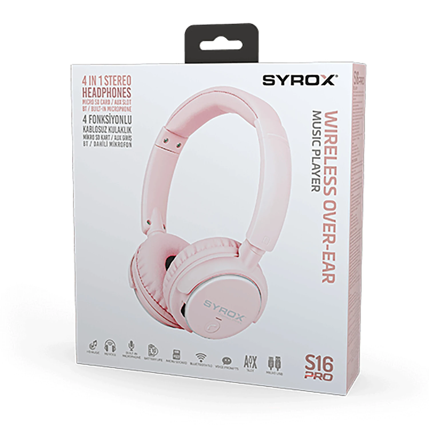Syrox S16 Hafıza Kartı + 3.5mm AUX Destekli Bluetooth 5.0 Kablosuz Mikrofonlu Kulaküstü Kulaklık - Pembe