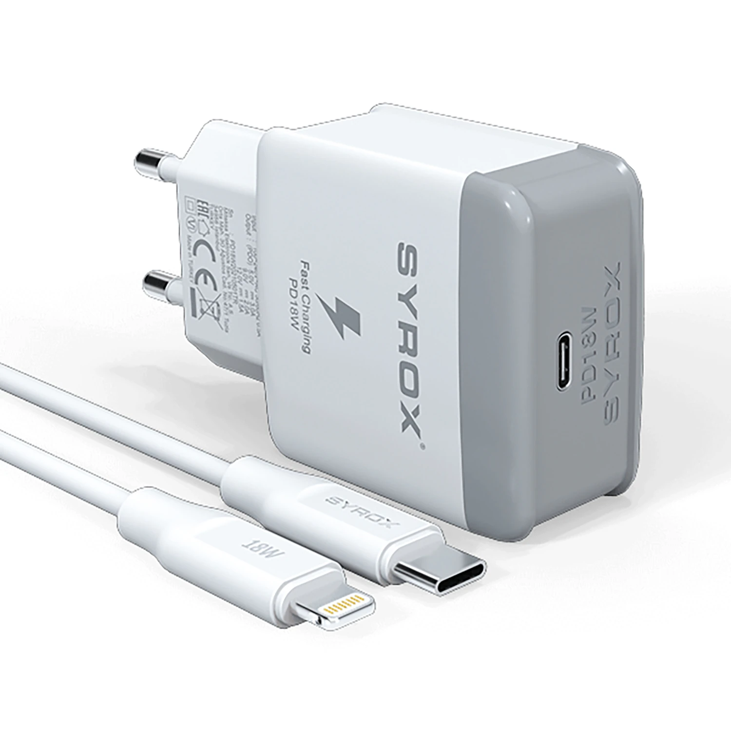 Syrox PD18L 3.0A 18W PD 1mt Type-C - Lightning Kablolu 1xType-C Port Çıkışlı Şarj Cihazı - Beyaz