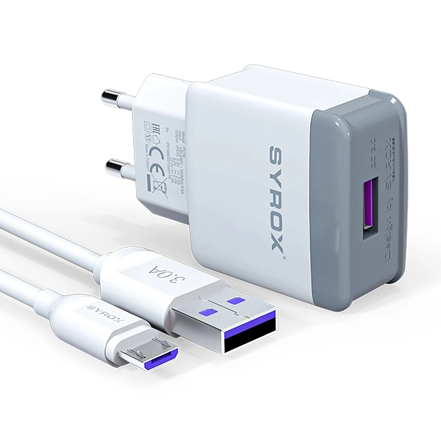 Syrox Q30 3.0A 18W 1mt USB-A - Micro USB Kablolu 1xUSB-A Port Çıkışlı Şarj Cihazı - Beyaz