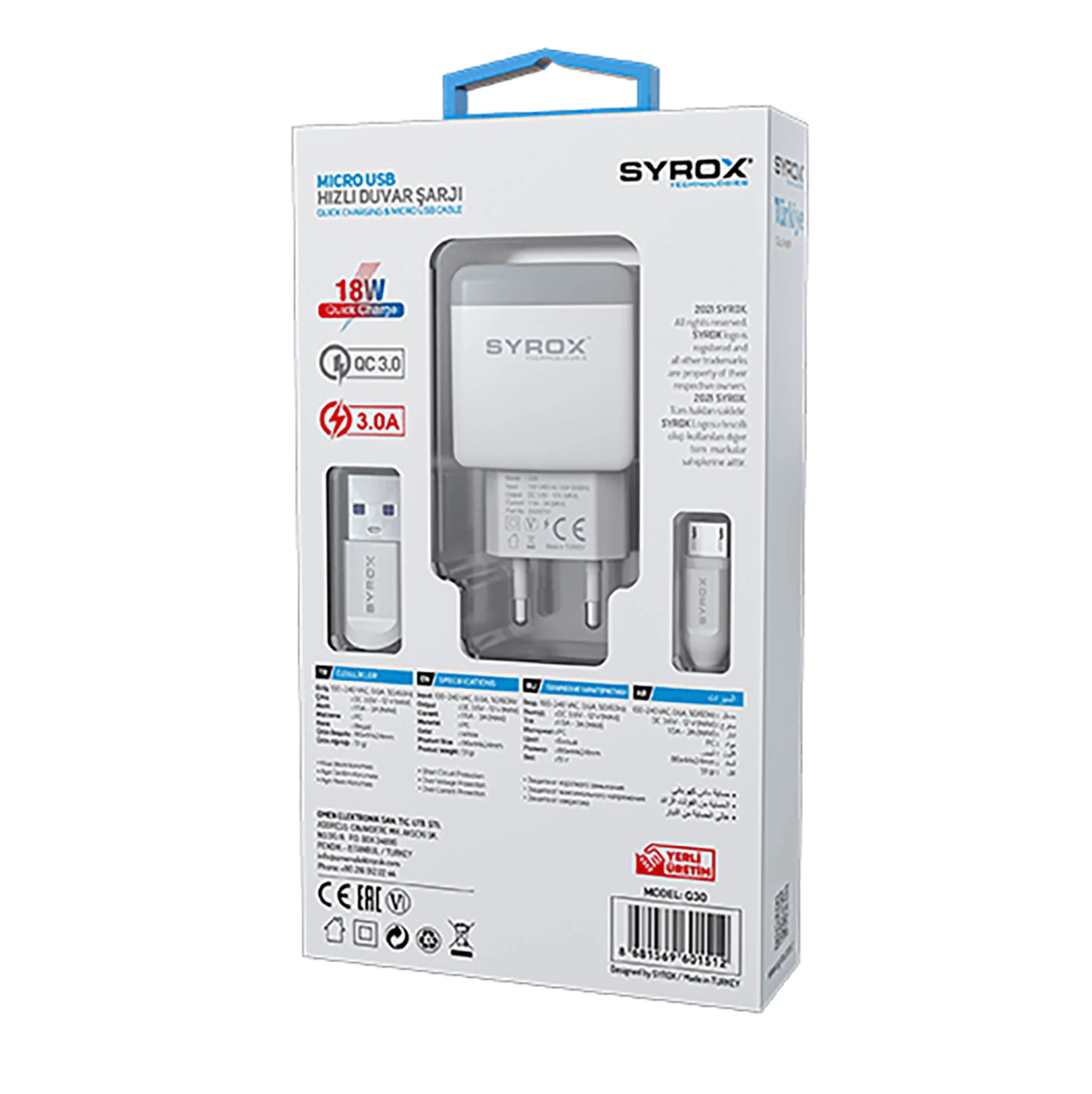 Syrox Q30 3.0A 18W 1mt USB-A - Micro USB Kablolu 1xUSB-A Port Çıkışlı Şarj Cihazı - Beyaz
