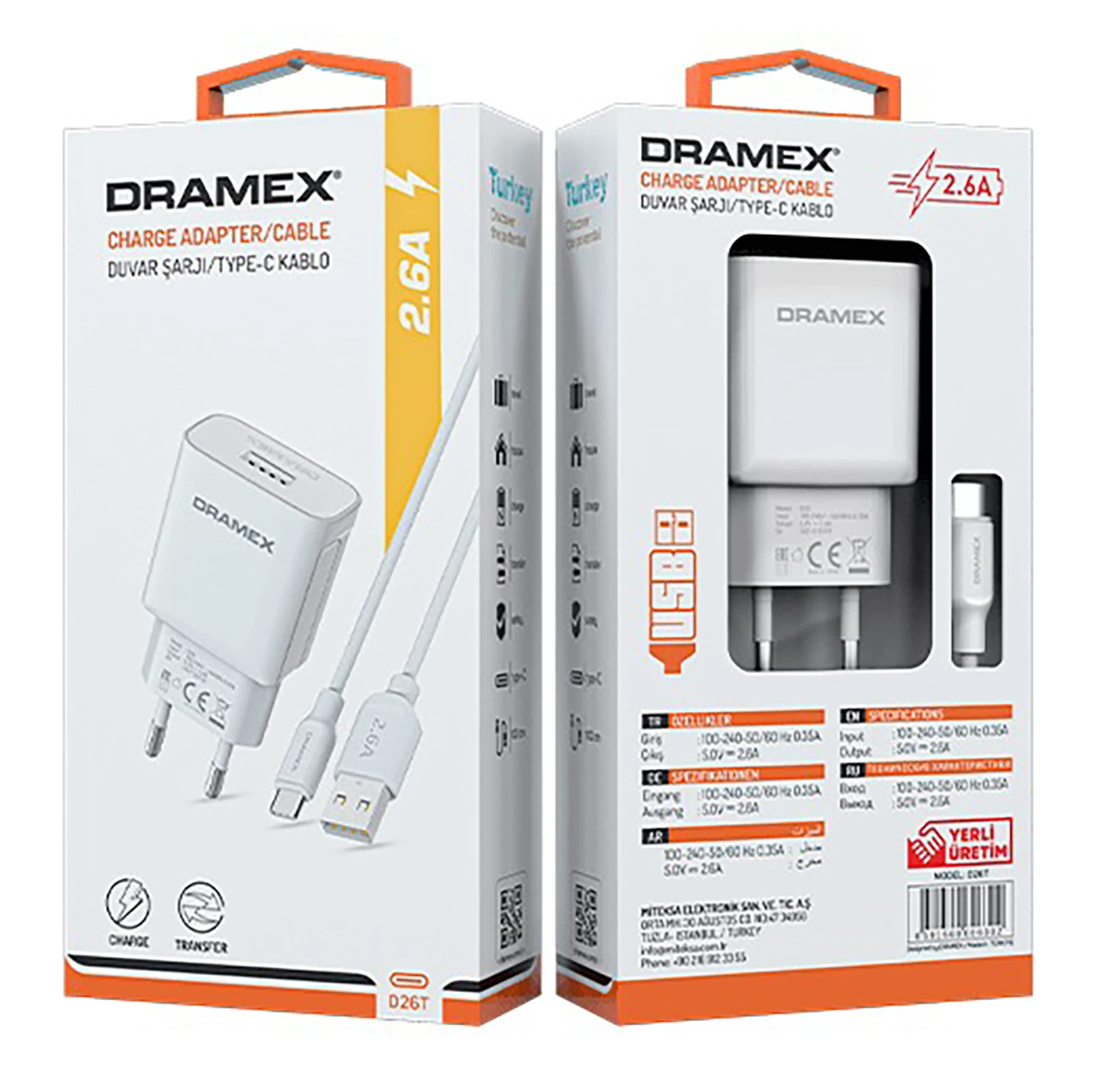 Dramex D26T 2.6A 1mt USB-A - Type-C Kablolu 1xUSB-A Port Çıkışlı Şarj Cihazı - Beyaz