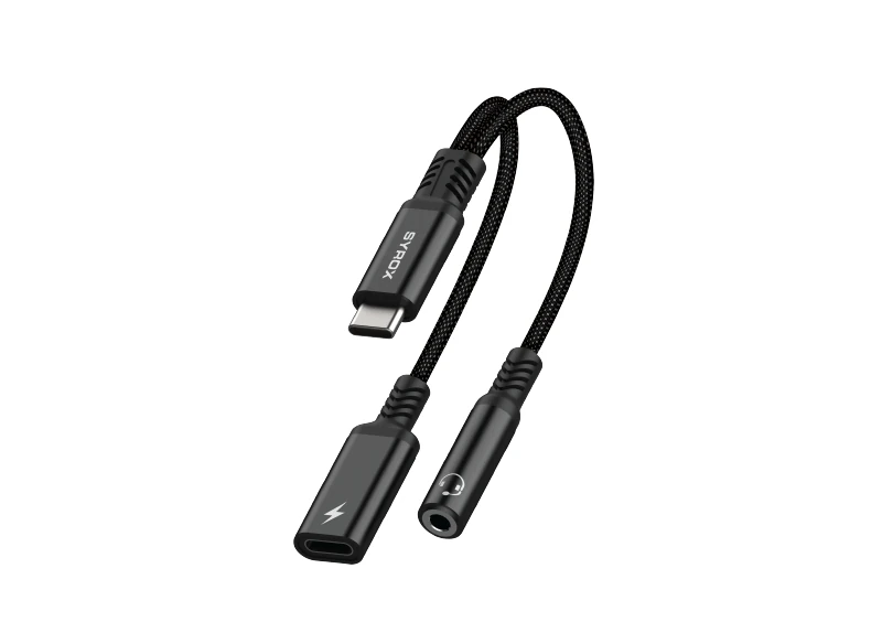 Syrox DT40T-TA Type-C - Type-C + 3.5mm AUX 2in1 Ses ve Şarj Ayırıcı Dönüştürücü - Siyah