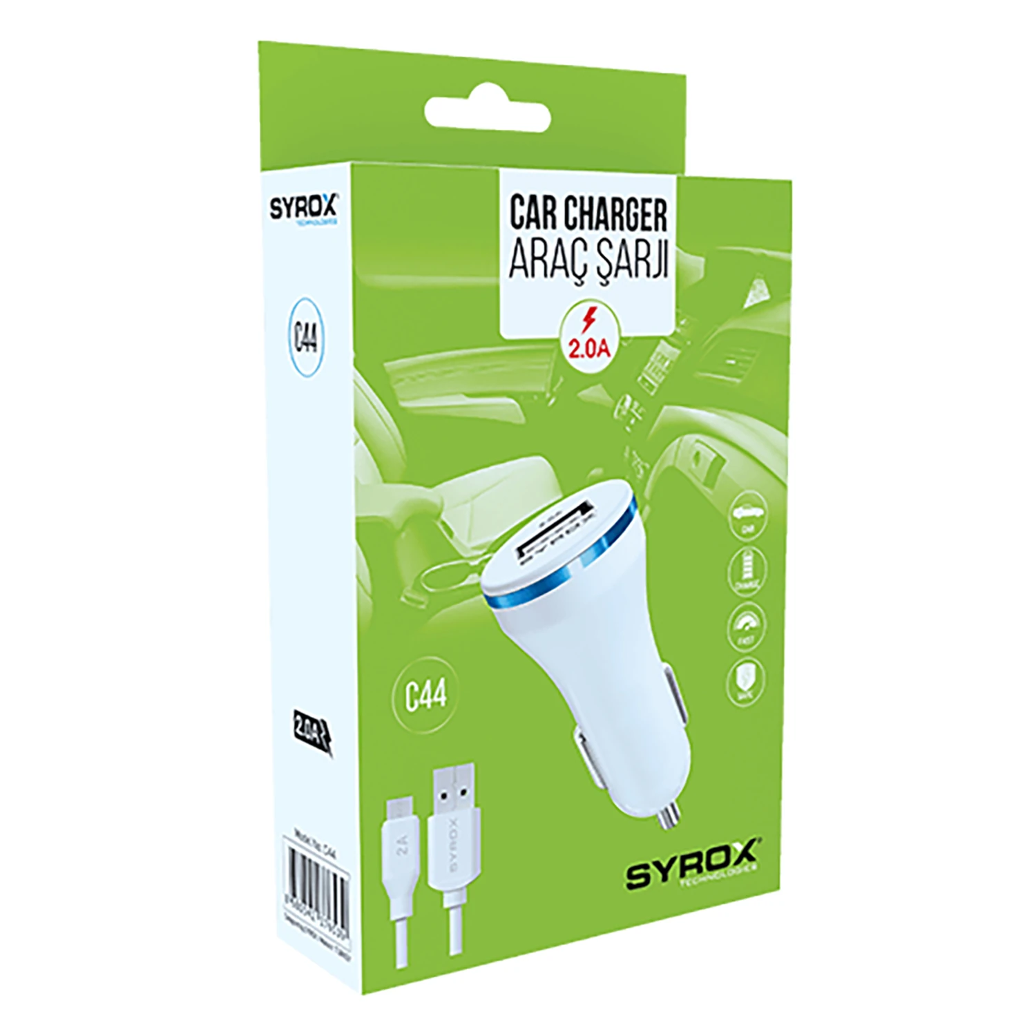 Syrox C44 2.0A 1mt USB-A - Micro USB Kablolu 1xUSB-A Çıkışlı Araç Şarj Cihazı - Beyaz