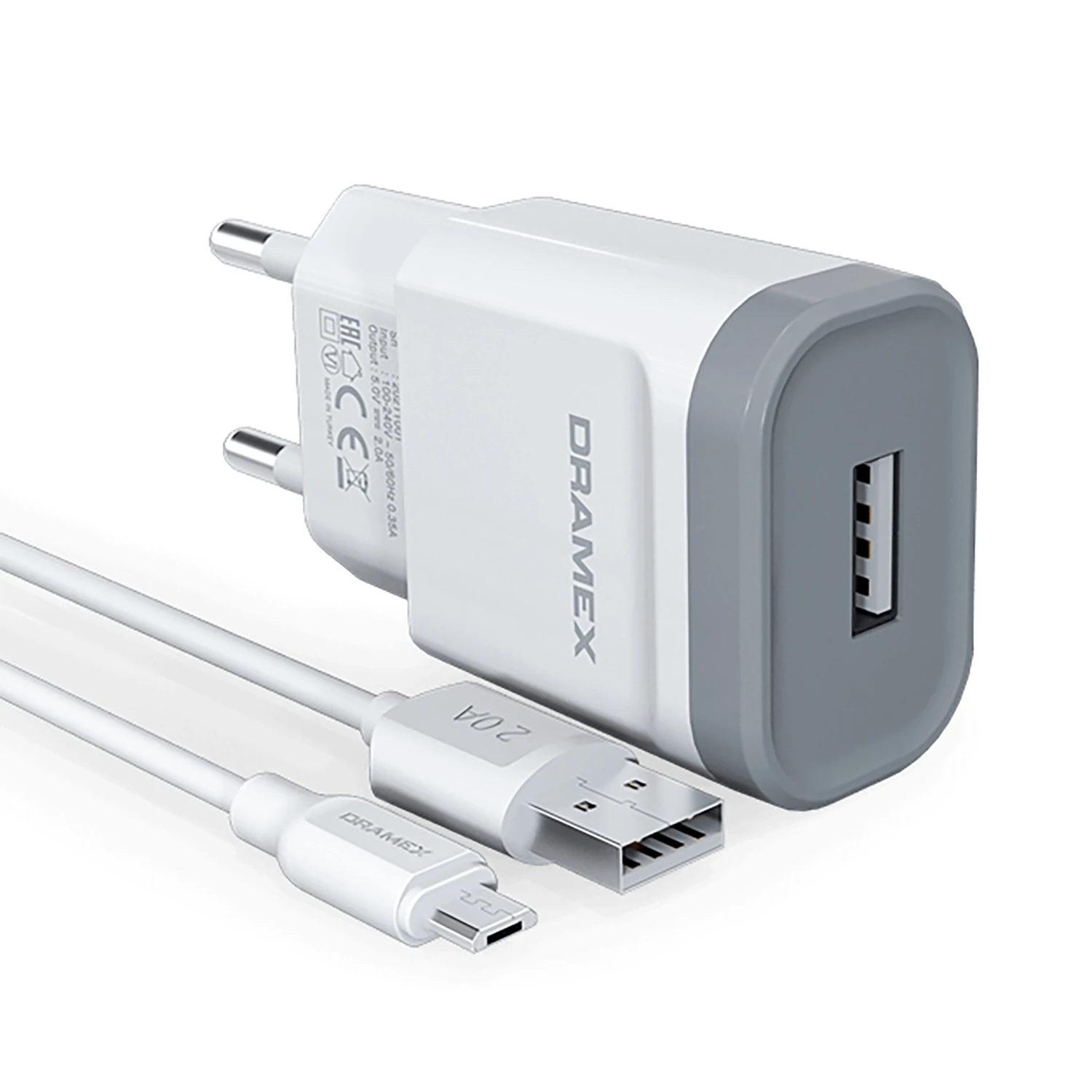 Dramex D21M 2.0A 1mt USB-A - Micro USB Kablolu 1xUSB-A Port Çıkışlı Şarj Cihazı - Beyaz