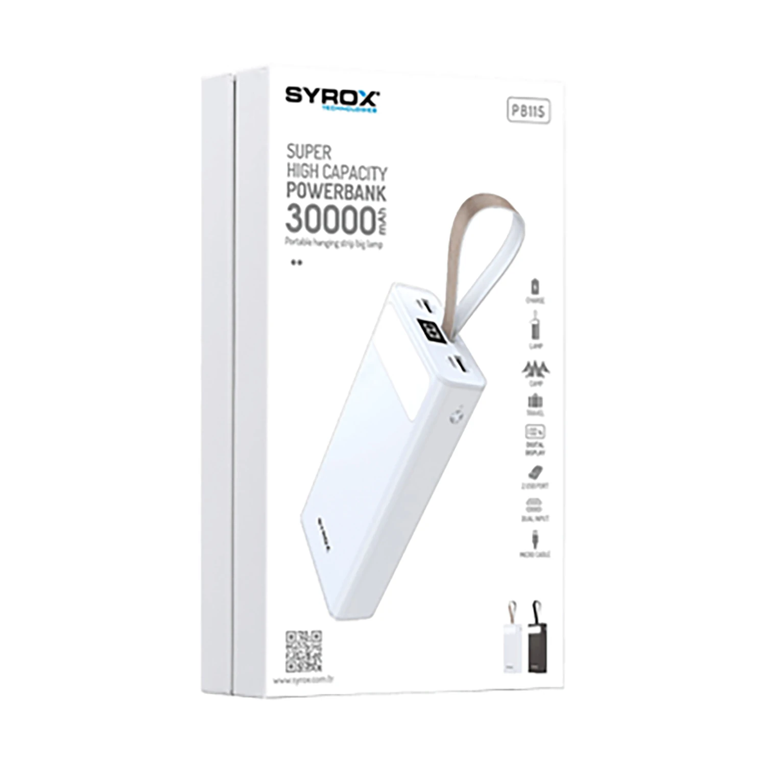 Syrox PB115 30.000 mAh Dijital Göstergeli Çift Çıkışlı El Fenerli Powerbank - Beyaz