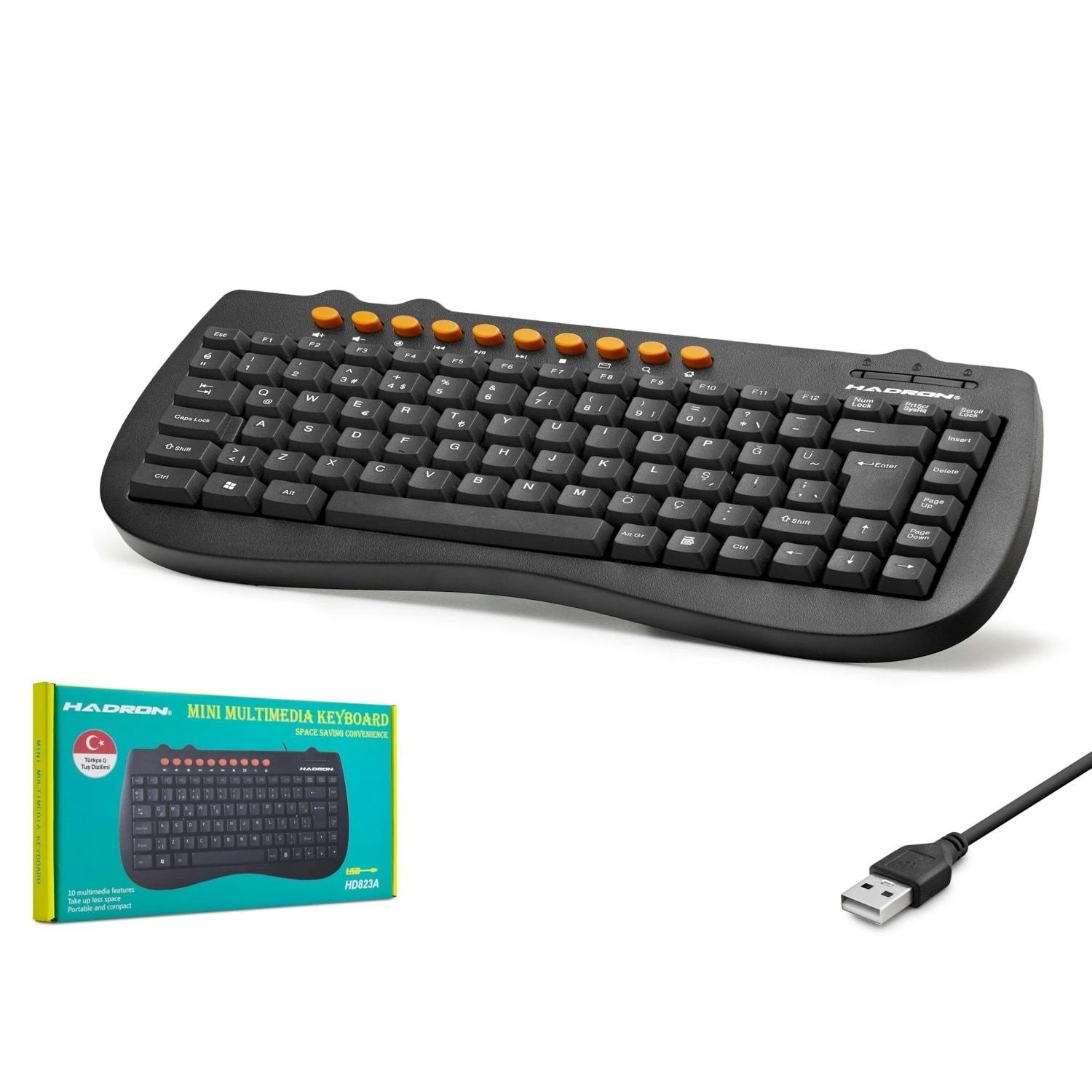 Hadron HD823A Türkçe-Q Multimedia 1.20mt USB Kablolu Mini Klavye - Siyah