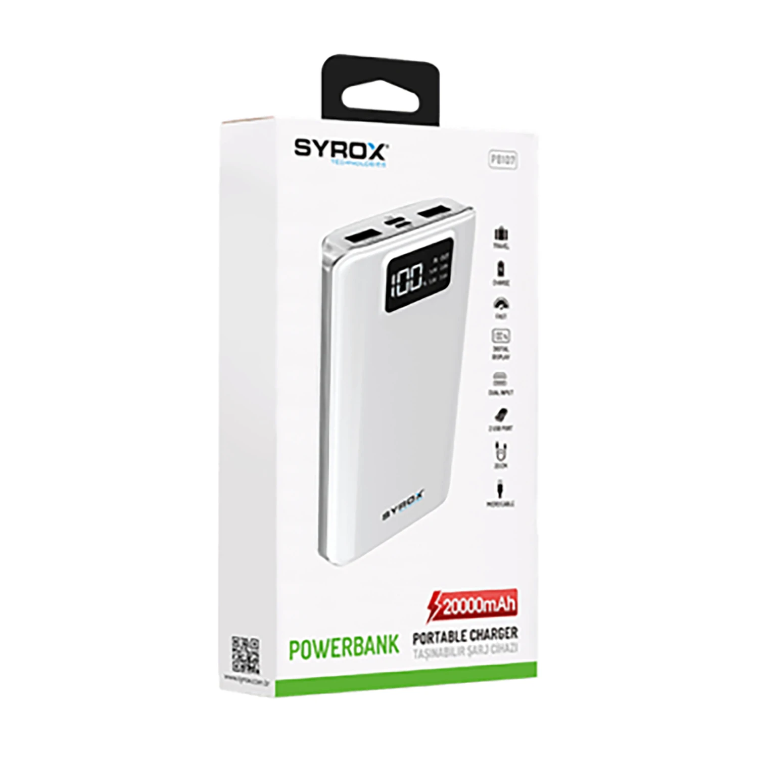 Syrox PB107 20.000mAh Dijital Göstergeli Çift Çıkışlı Powerbank - Beyaz