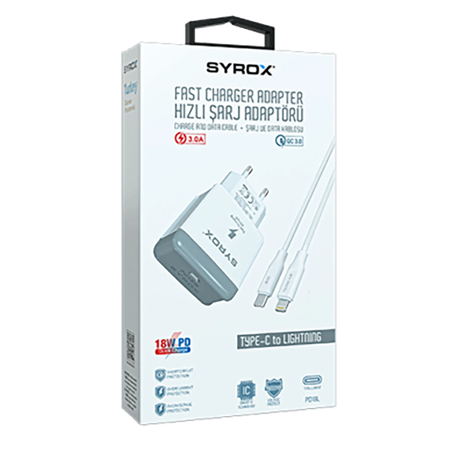 Syrox PD18L 3.0A 18W PD 1mt Type-C - Lightning Kablolu 1xType-C Port Çıkışlı Şarj Cihazı - Beyaz