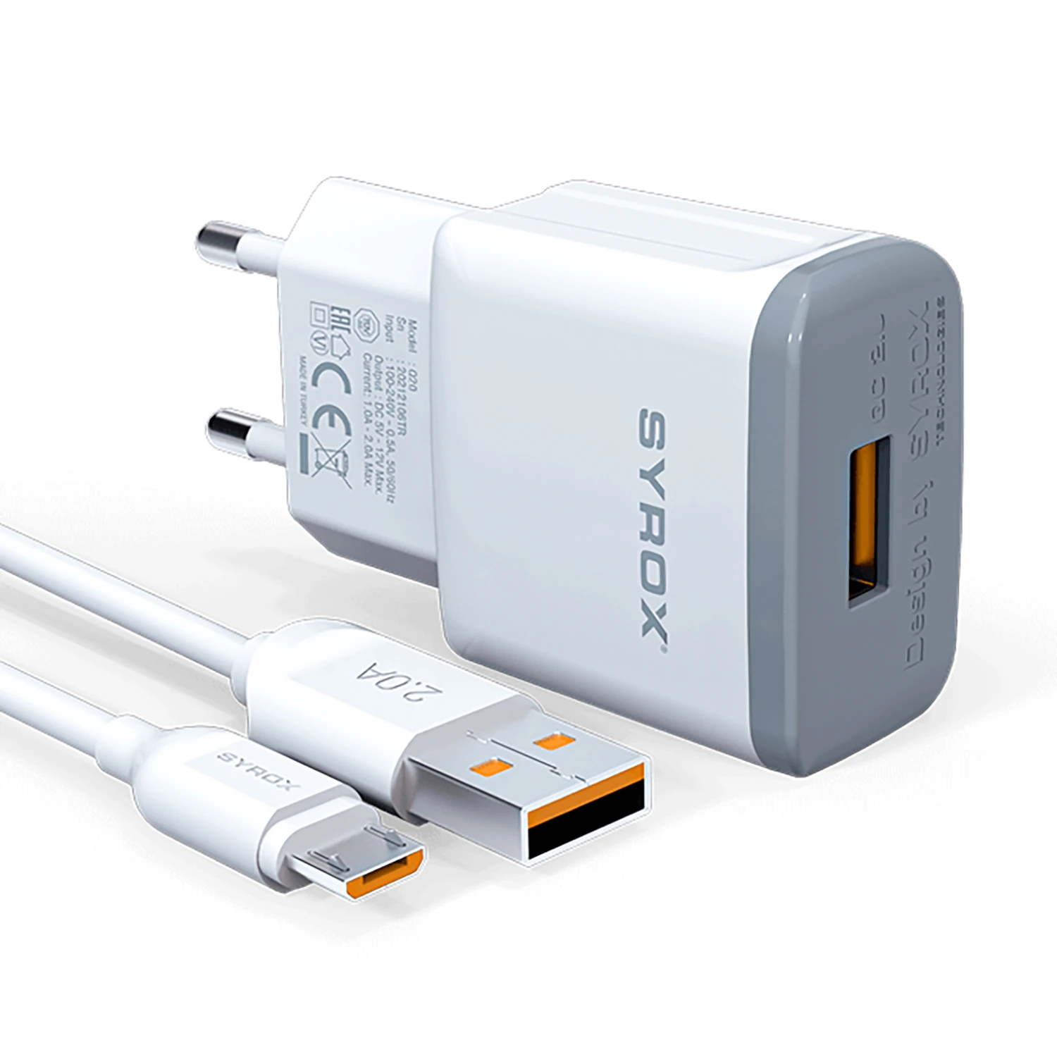Syrox Q20 2.0A 1mt USB-A - Micro USB Kablolu 1xUSB-A Port Çıkışlı Şarj Cihazı - Beyaz