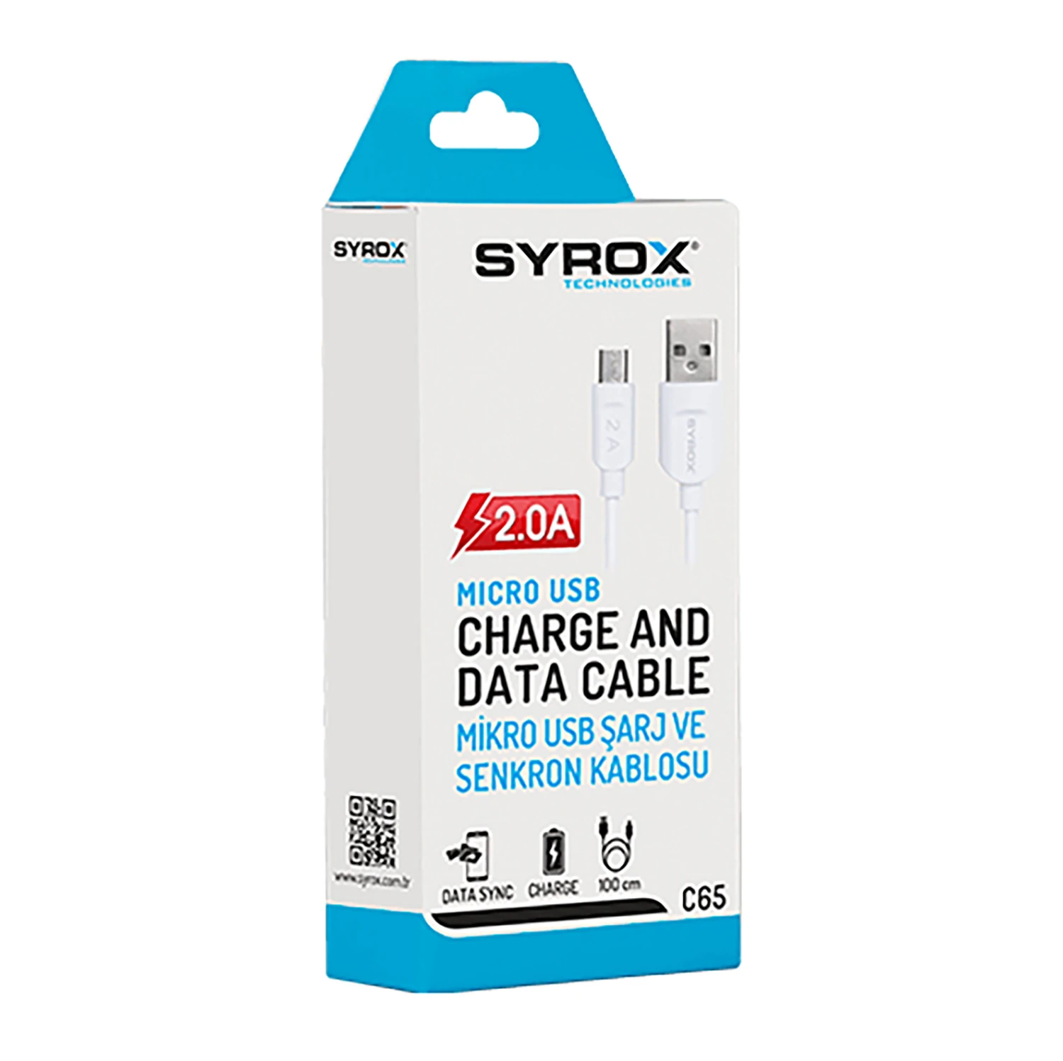 Syrox C65 Eko 2.0A 1mt USB-A - Micro USB Şarj & Data Kablosu - Beyaz