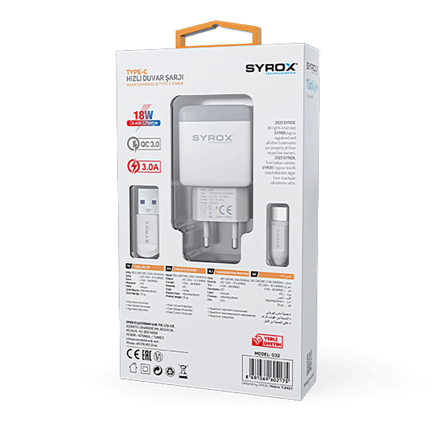 Syrox Q32 3.0A 18W 1mt USB-A - Type-C Kablolu 1xUSB-A Port Çıkışlı Şarj Cihazı - Beyaz