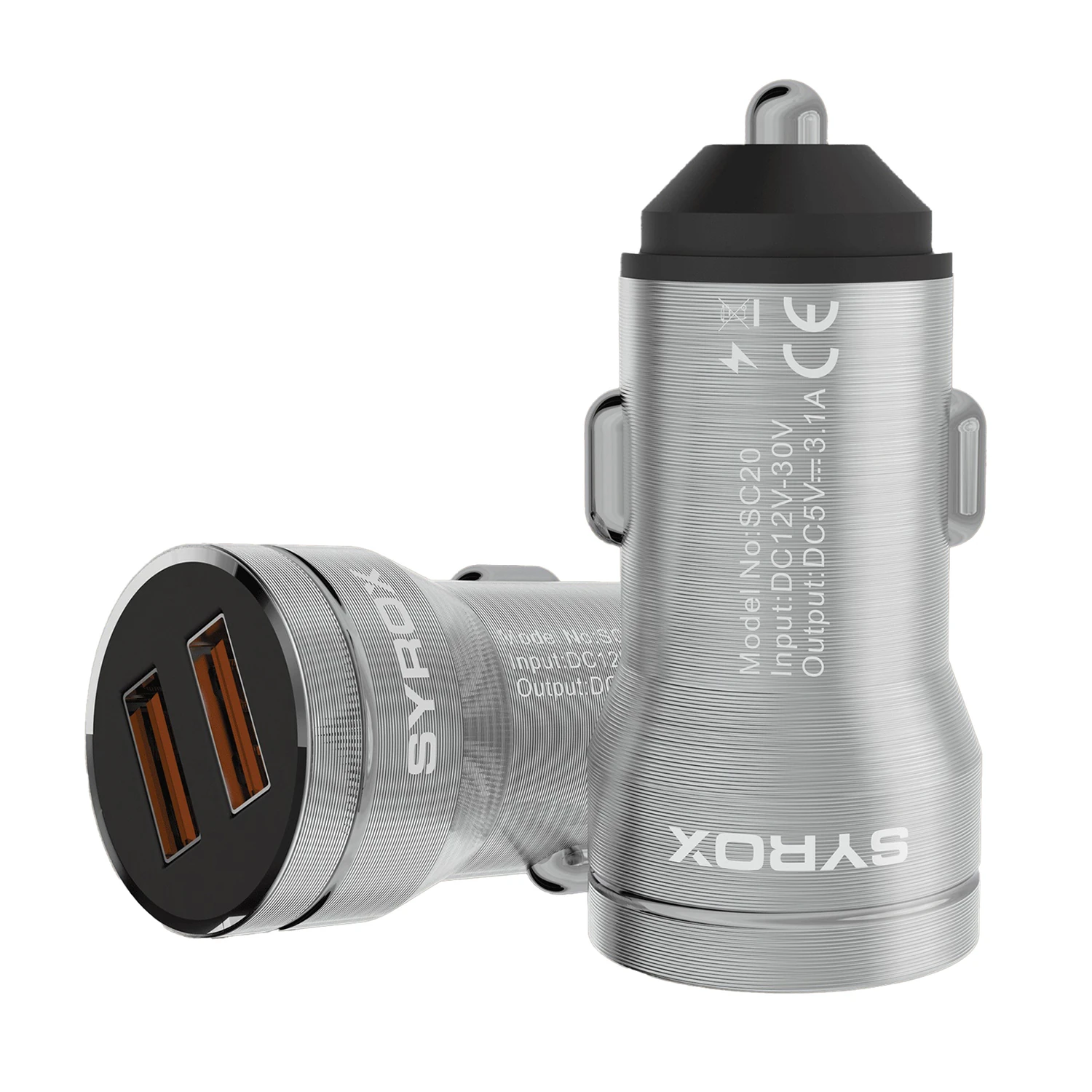 Syrox SC20T 3.1A Q.C. 3.0 1mt USB-A - Type-C Kablolu 2xUSB-A Port Çıkışlı Hızlı Araç Şarj Cihazı - Gri