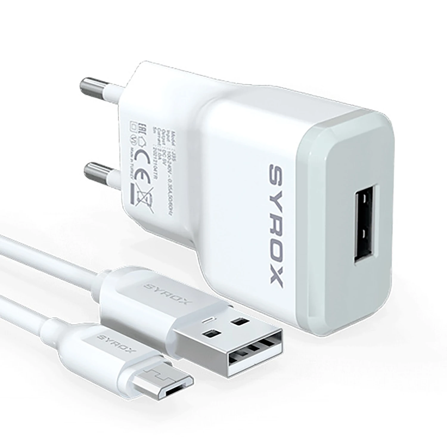 Syrox J15 2.0A 1mt USB-A - Micro USB Kablolu 1xUSB-A Port Çıkışlı Şarj Cihazı - Beyaz