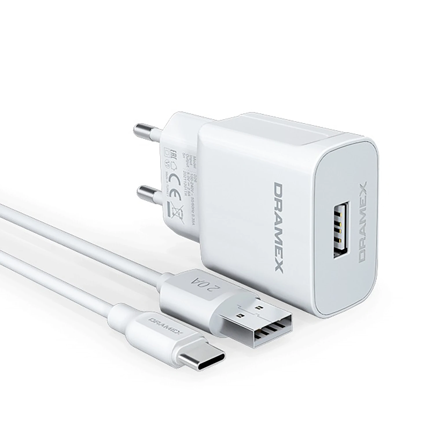 Dramex D26T 2.6A 1mt USB-A - Type-C Kablolu 1xUSB-A Port Çıkışlı Şarj Cihazı - Beyaz