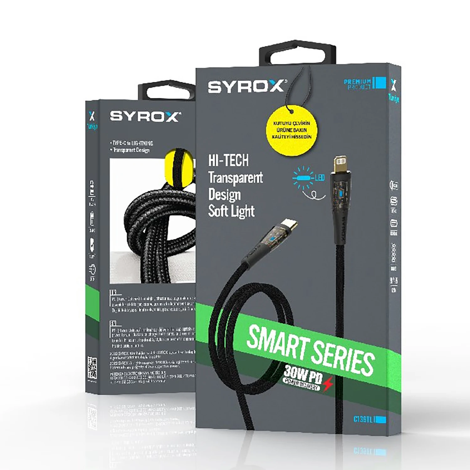 Syrox C139TL 30W PD 1.22mt Ledli Örgülü Type-C - Lightning Şarj & Data Kablosu - Siyah