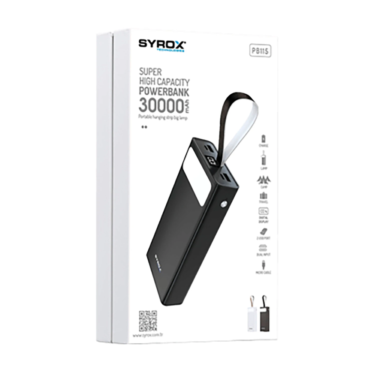Syrox PB115 30.000 mAh Dijital Göstergeli Çift Çıkışlı El Fenerli Powerbank - Siyah