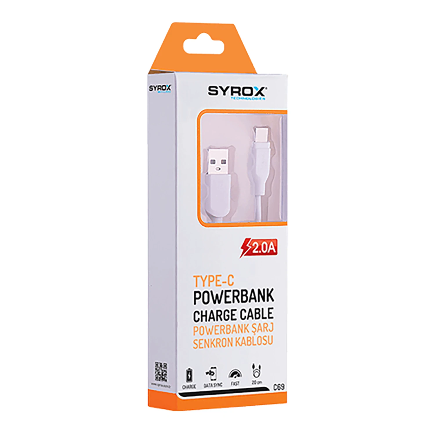 Syrox C69 2.0A 20cm USB-A - Type-C Şarj & Data Kablosu - Beyaz