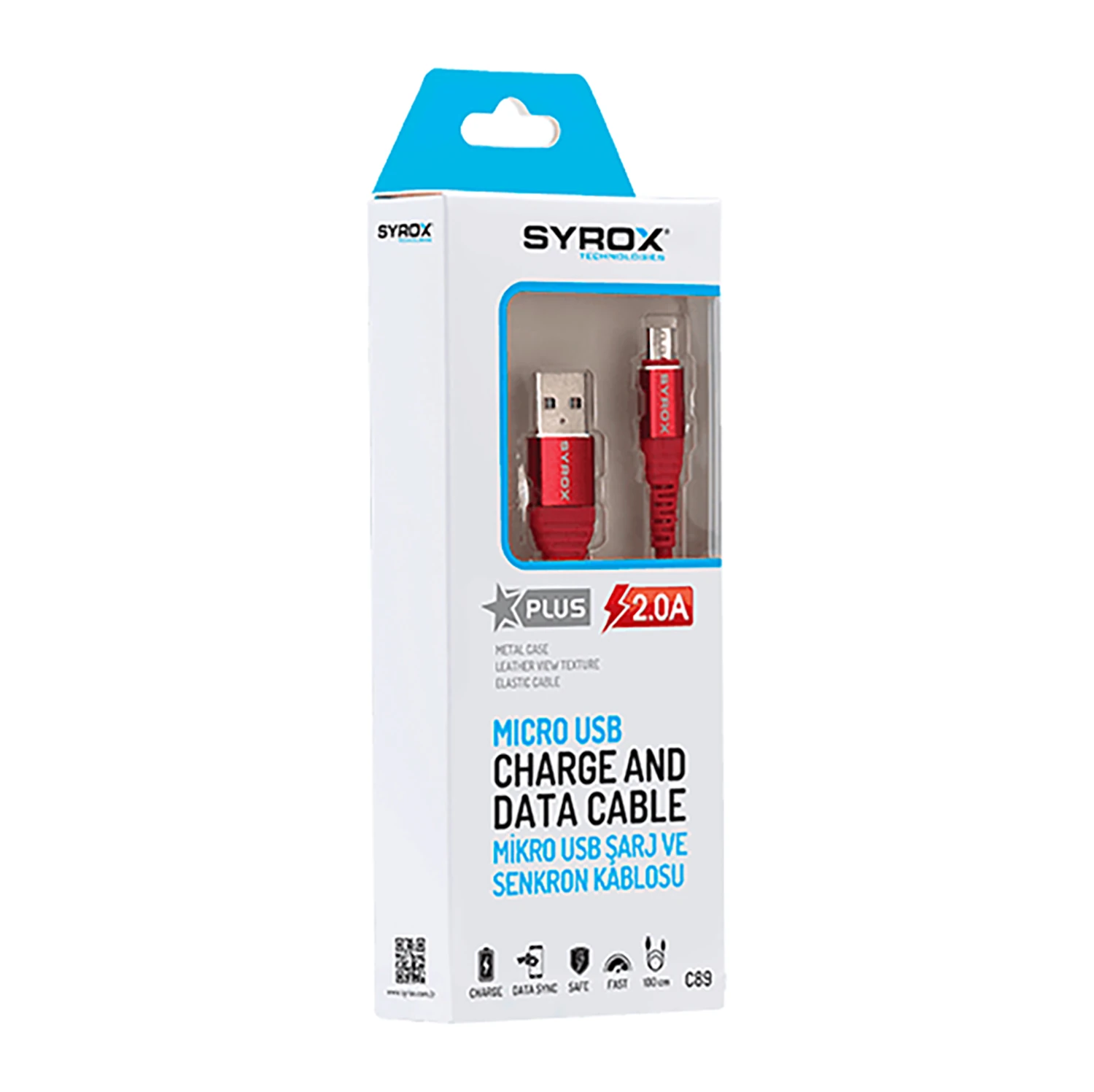 Syrox C89 2.0A 1mt Metal Başlıklı USB-A - Micro USB Şarj & Data Kablosu - Kırmızı