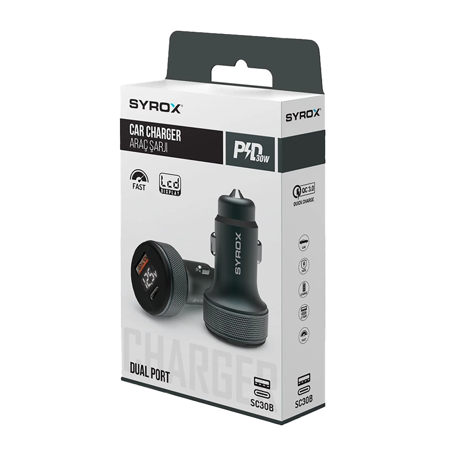 Syrox SC30B 3.1A 30W PD Q.C. 3.0 Dijital Ekranlı 1xType-C + 1xUSB-A Çıkışlı Hızlı Araç Şarj Cihazı - Siyah