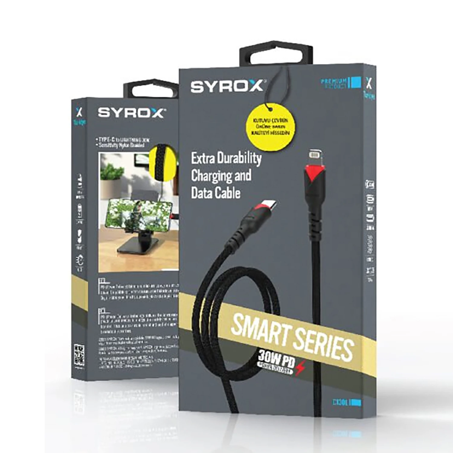 Syrox C130L 30W PD 1.10mt Örgülü Type-C - Lightning Şarj & Data Kablosu - Siyah
