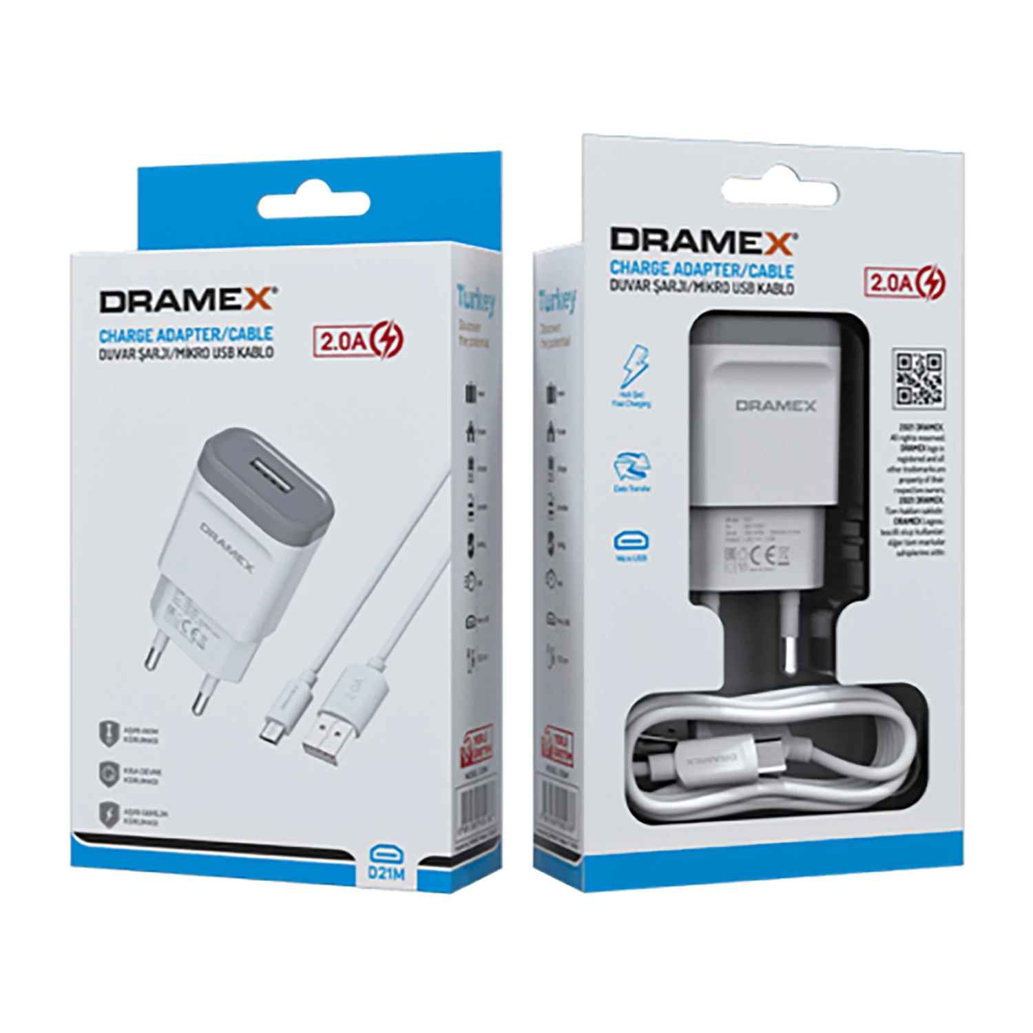 Dramex D21M 2.0A 1mt USB-A - Micro USB Kablolu 1xUSB-A Port Çıkışlı Şarj Cihazı - Beyaz