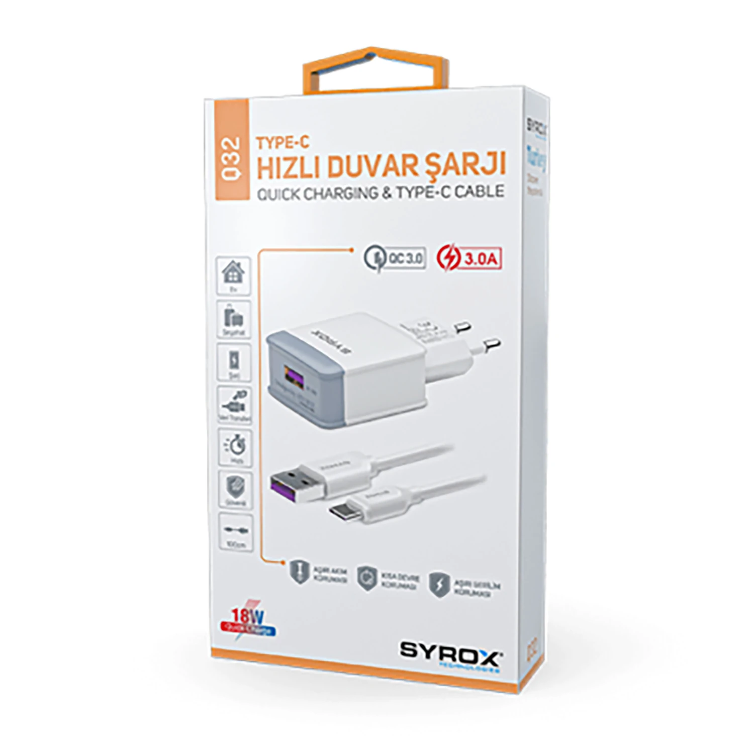 Syrox Q32 3.0A 18W 1mt USB-A - Type-C Kablolu 1xUSB-A Port Çıkışlı Şarj Cihazı - Beyaz