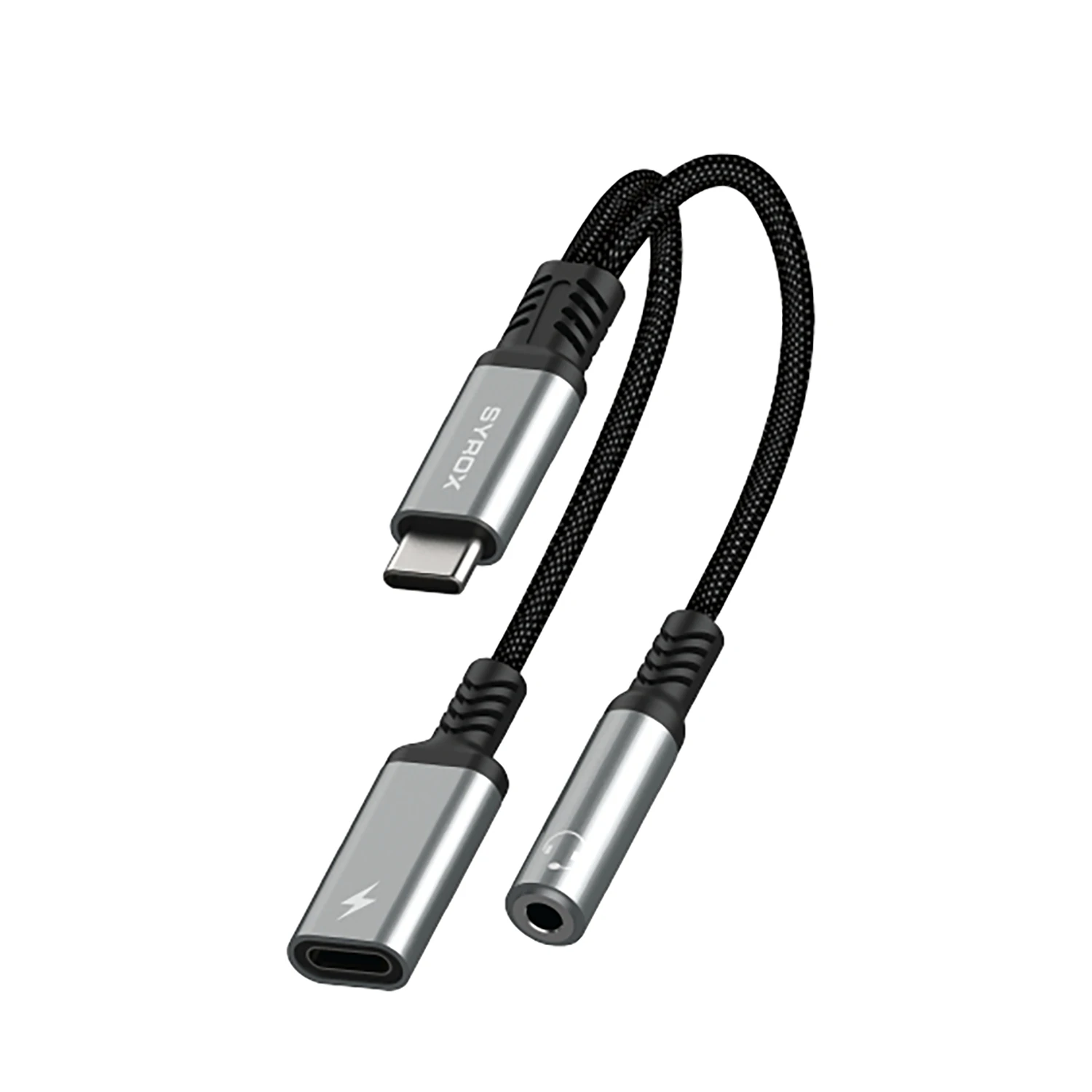 Syrox DT40T-TA Type-C - Type-C + 3.5mm AUX 2in1 Ses ve Şarj Ayırıcı Dönüştürücü - Gri