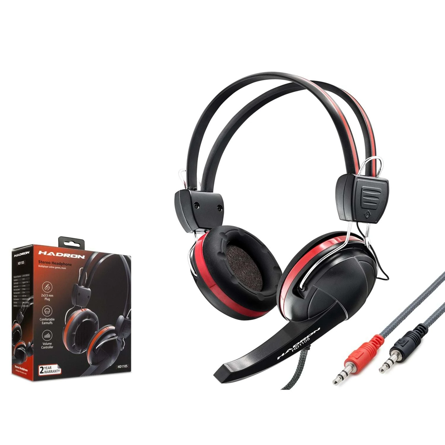 Hadron HD1105 2x3.5mm AUX 2.20mt Örgülü Kablolu Mikrofonlu Kulaküstü Kulaklık - Kırmızı-Siyah