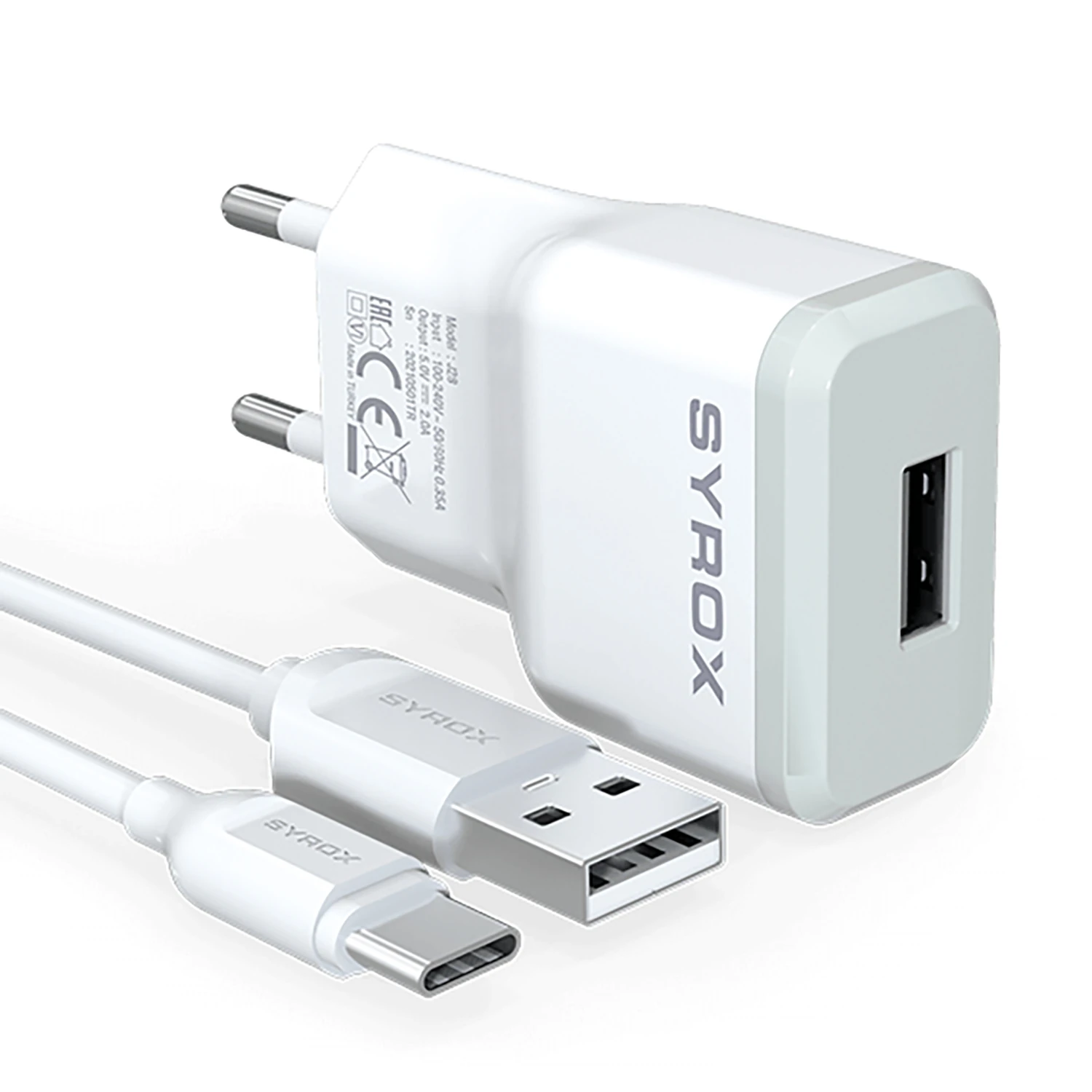 Syrox J28 2.1A 1mt USB-A - Type-C Kablolu 1xUSB-A Port Çıkışlı Şarj Cihazı - Beyaz