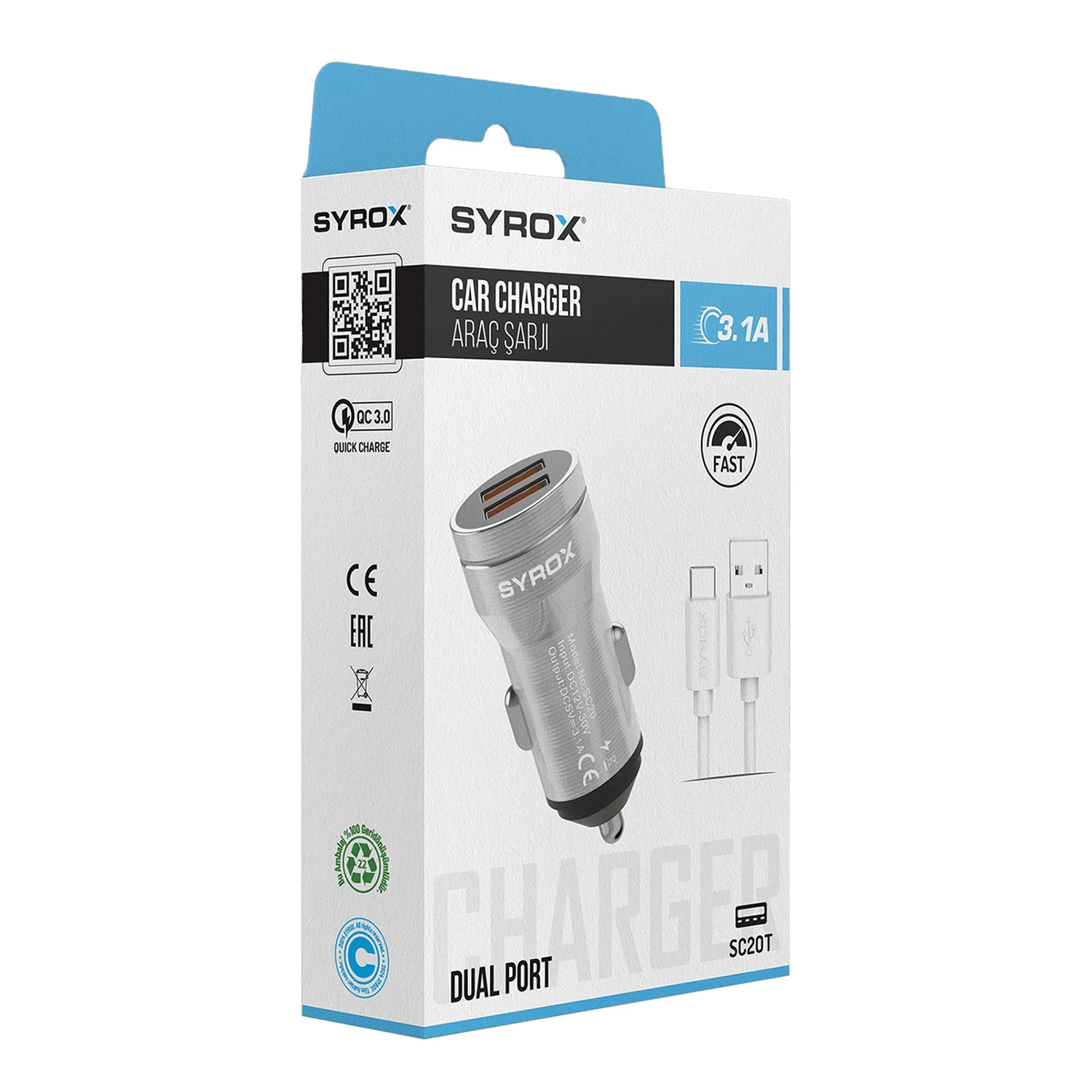 Syrox SC20T 3.1A Q.C. 3.0 1mt USB-A - Type-C Kablolu 2xUSB-A Port Çıkışlı Hızlı Araç Şarj Cihazı - Gri