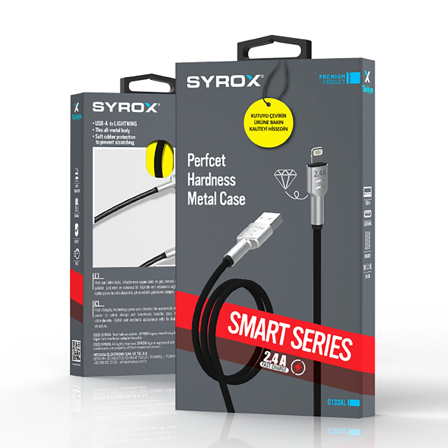 Syrox C133AL 2.4A 1.18mt Örgülü Metal Başlıklı USB-A - Lightning Şarj & Data Kablosu - Siyah