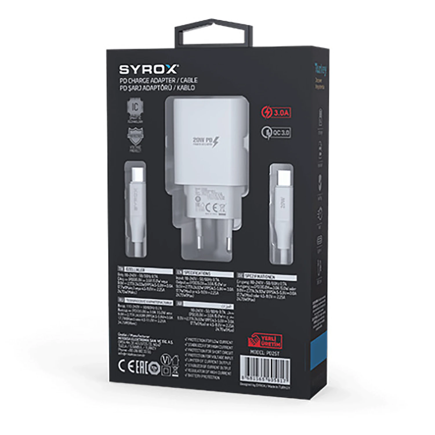 Syrox PD25T 3.0A 25W PD 1mt Type-C - Type-C Kablolu 1xType-C Çıkışlı Şarj Cihazı - Beyaz