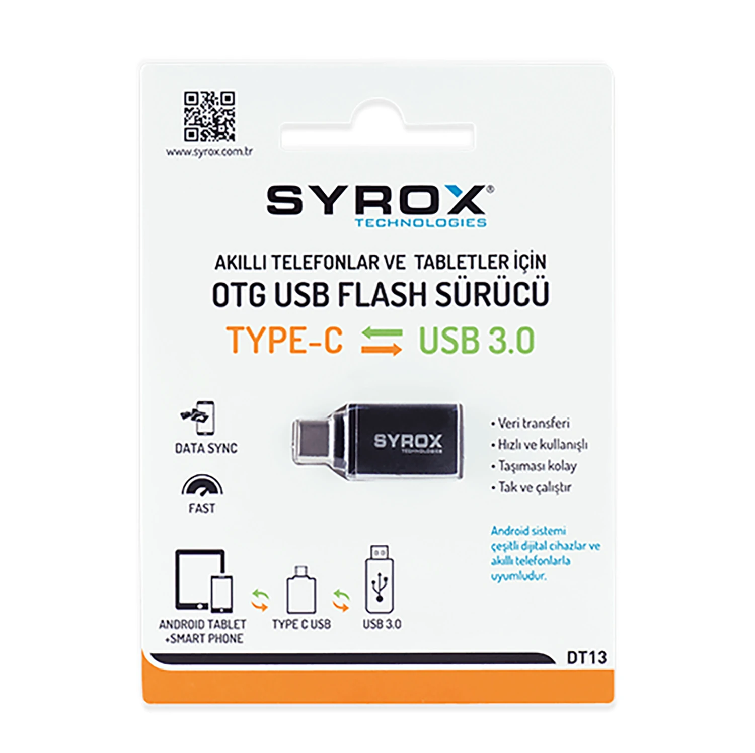 Syrox DT13 Type-C - USB 3.0 OTG Dönüştürücü - Gri