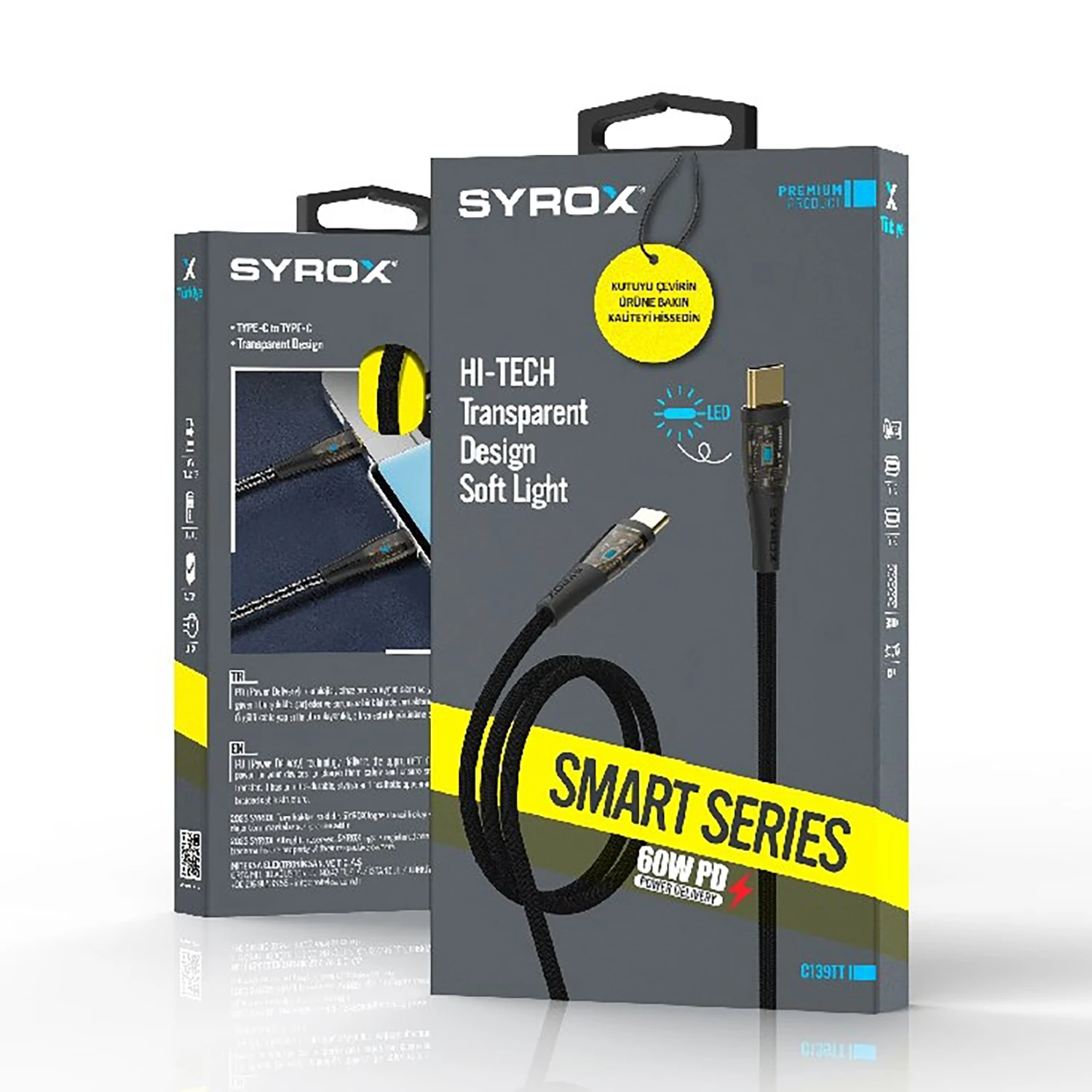 Syrox C139TT 60W PD 1.22mt Ledli Örgülü Type-C - Type-C Şarj & Data Kablosu - Siyah