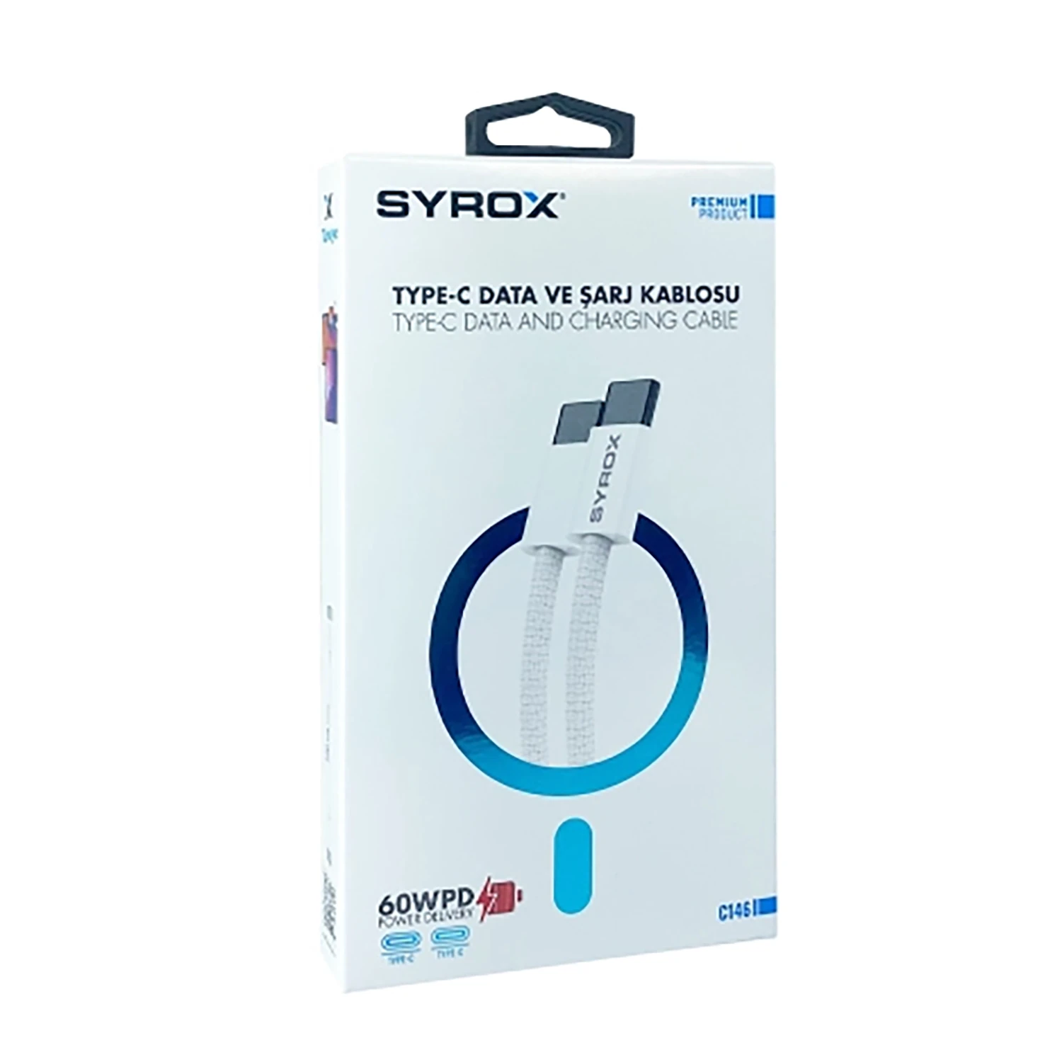 Syrox C146 60W PD 1mt Örgülü Type-C - Type-C Şarj & Data Kablosu - Beyaz