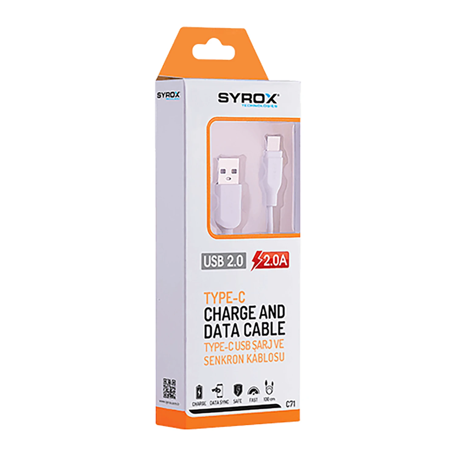 Syrox C71 2.0A 1mt USB-A - Type-C Şarj & Data Kablosu - Beyaz
