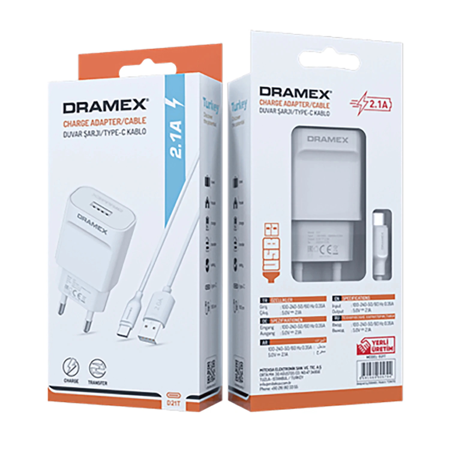 Dramex D21T 2.1A 1mt USB-A - Type-C Kablolu 1xUSB-A Port Çıkışlı Şarj Cihazı - Beyaz