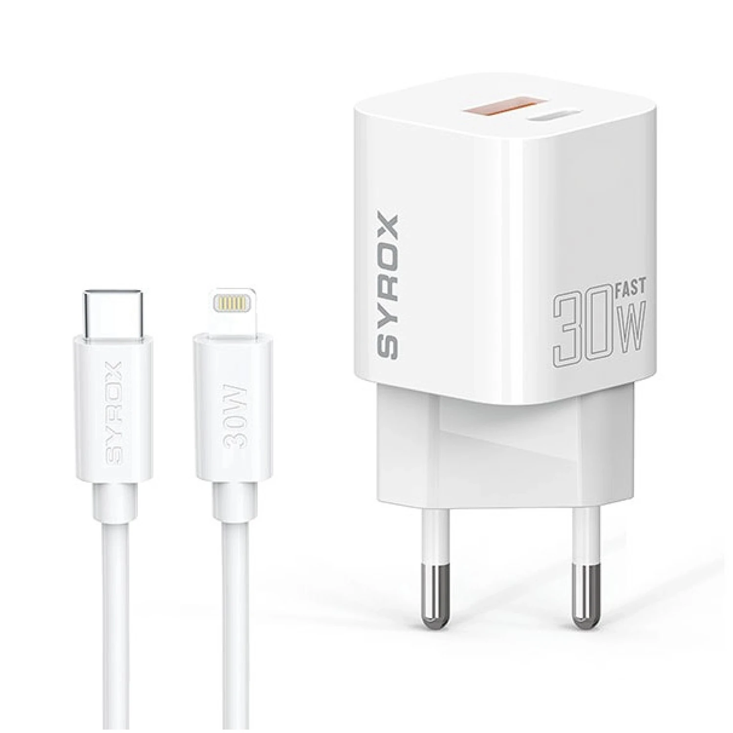 Syrox PDQ30L 3.0A QC 3.0 30W PD 1mt Type-C - Lightning Kablolu 1xType-C Port Çıkışlı Süper Hızlı Şarj Cihazı - Beyaz