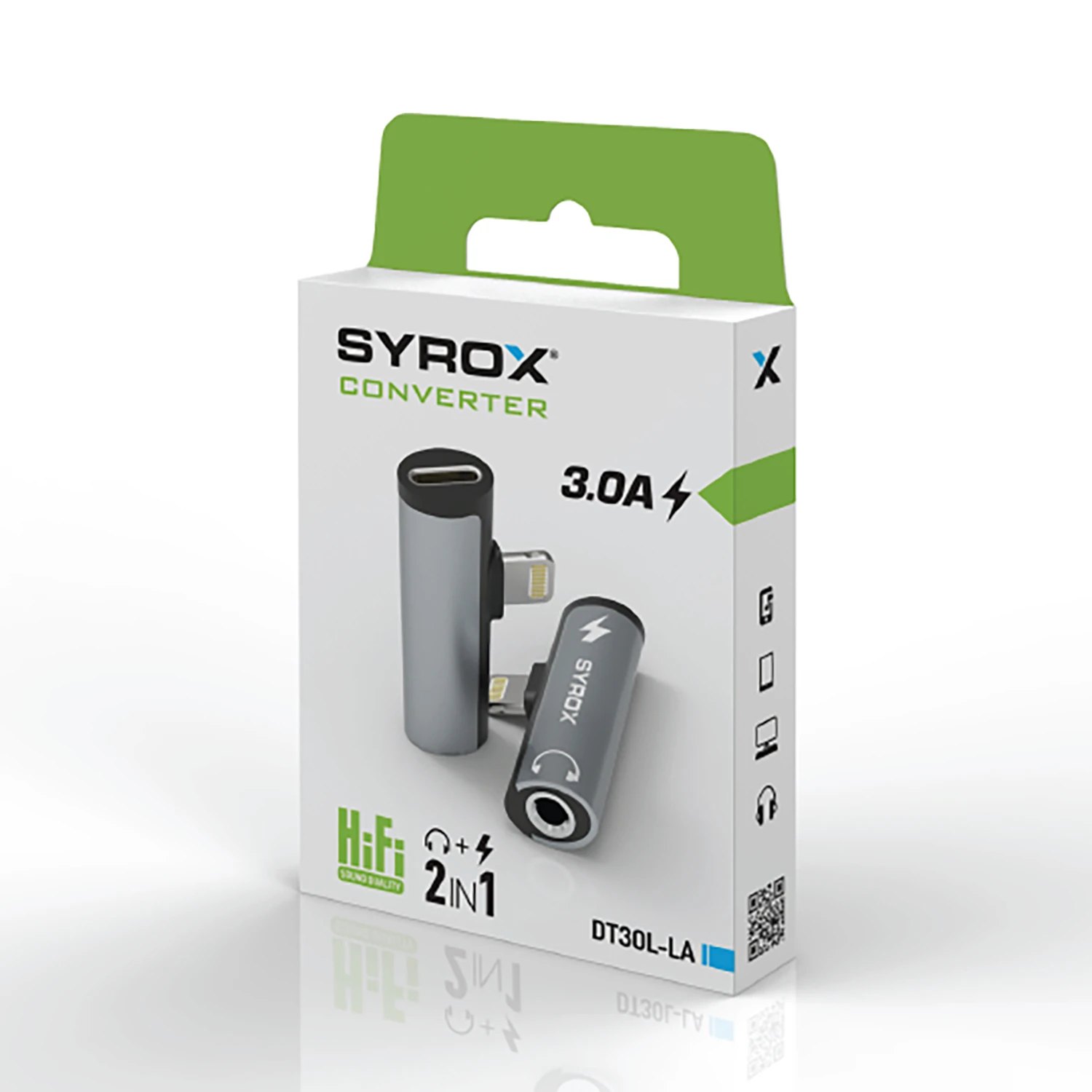 Syrox DT30L-LA Lightning - Lightning + 3.5mm AUX Midi Ses ve Şarj Ayırıcı Dönüştürücü - Gri